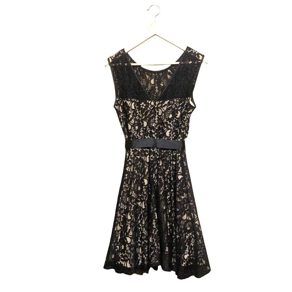 Betsy & Adam Women's Black Lace Over Beige Bow Party Cocktail Dress Sz 12 Witchy